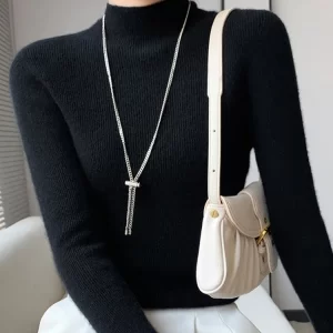 Autumn Winter Women Sweater Slim Fit High Strecth Pullovers Long Sleeve Inner Wear Mock Neck Knitted Tops Korean Fashion Jumper